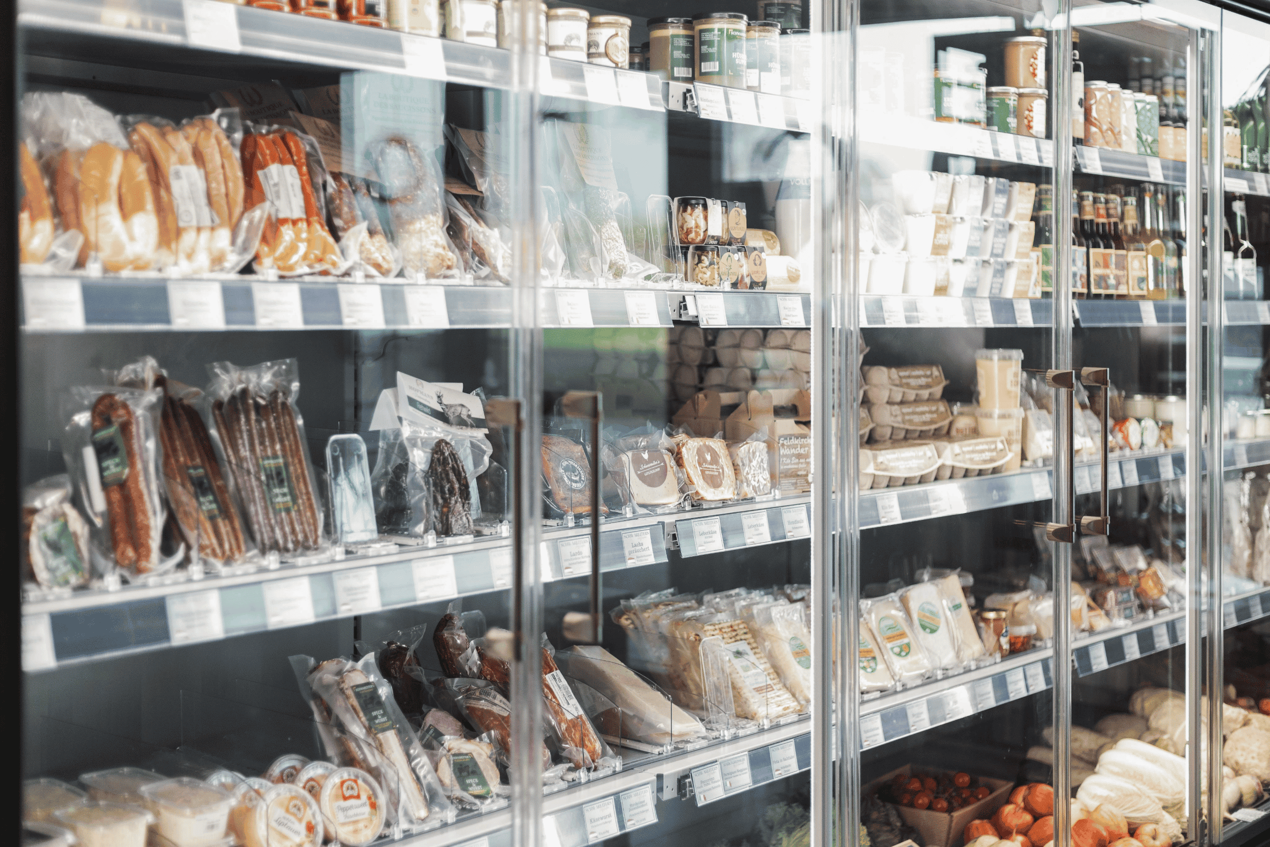 Kühlvitrine mit Wurst, Speck, Eiern und regionalen Lebensmitteln im Hofladen des Schwareiterhofs